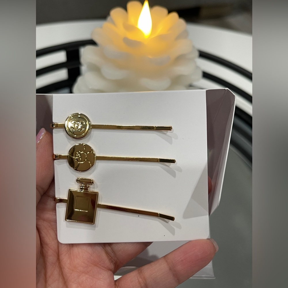 Brand New Authentic Chanel Set of 3 Gold Hair Bobby Pins. Limited Edition.